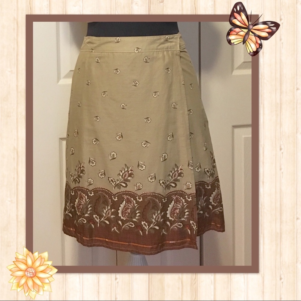 Paisley Floral Midi Wrap Skirt in Tan & Brown